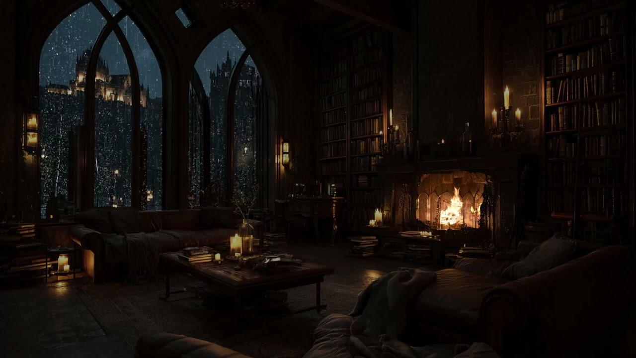 Cinematic Firelight Ambience Experience | Gothic Castle Courtyard Beneath a Starless Midnight Sky