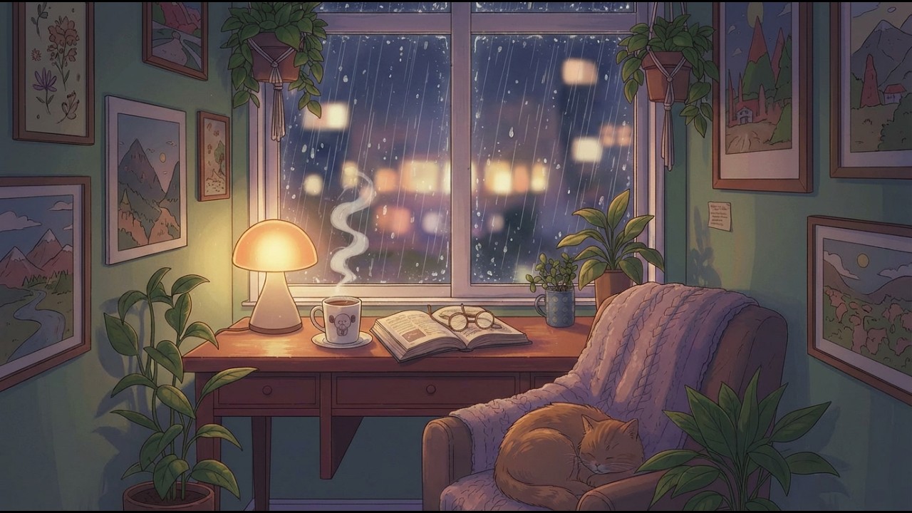 Rainy Cozy Night 🌧️ Cat Sleeping & Lofi Beats for Focus