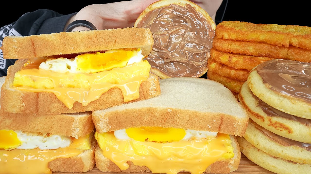 ASMR Breakfast Mukbang *Nutella Pancake Stack, Soft Cheesy Egg Sandwiches, Hash Browns