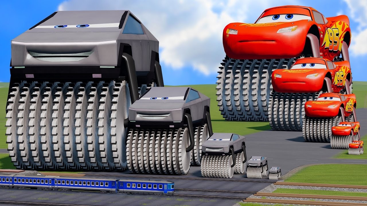 Big & Small Double Monster Saw Wheels: Tesla Cybertruck vs Lightning Mcqueen vs Train | BeamNG.Drive
