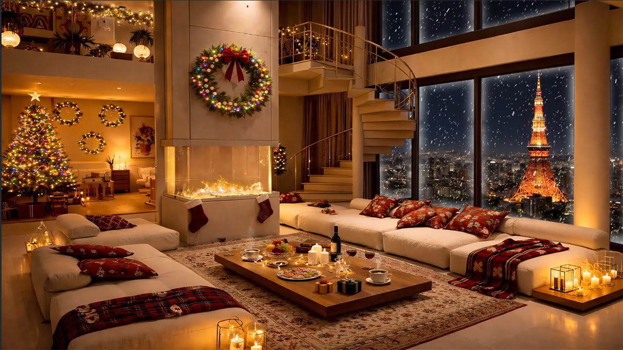 City Christmas Window 🏙️🎄 | Cozy Apartment Retreat with Holiday Jazz & Fireplace | 4K Ambience