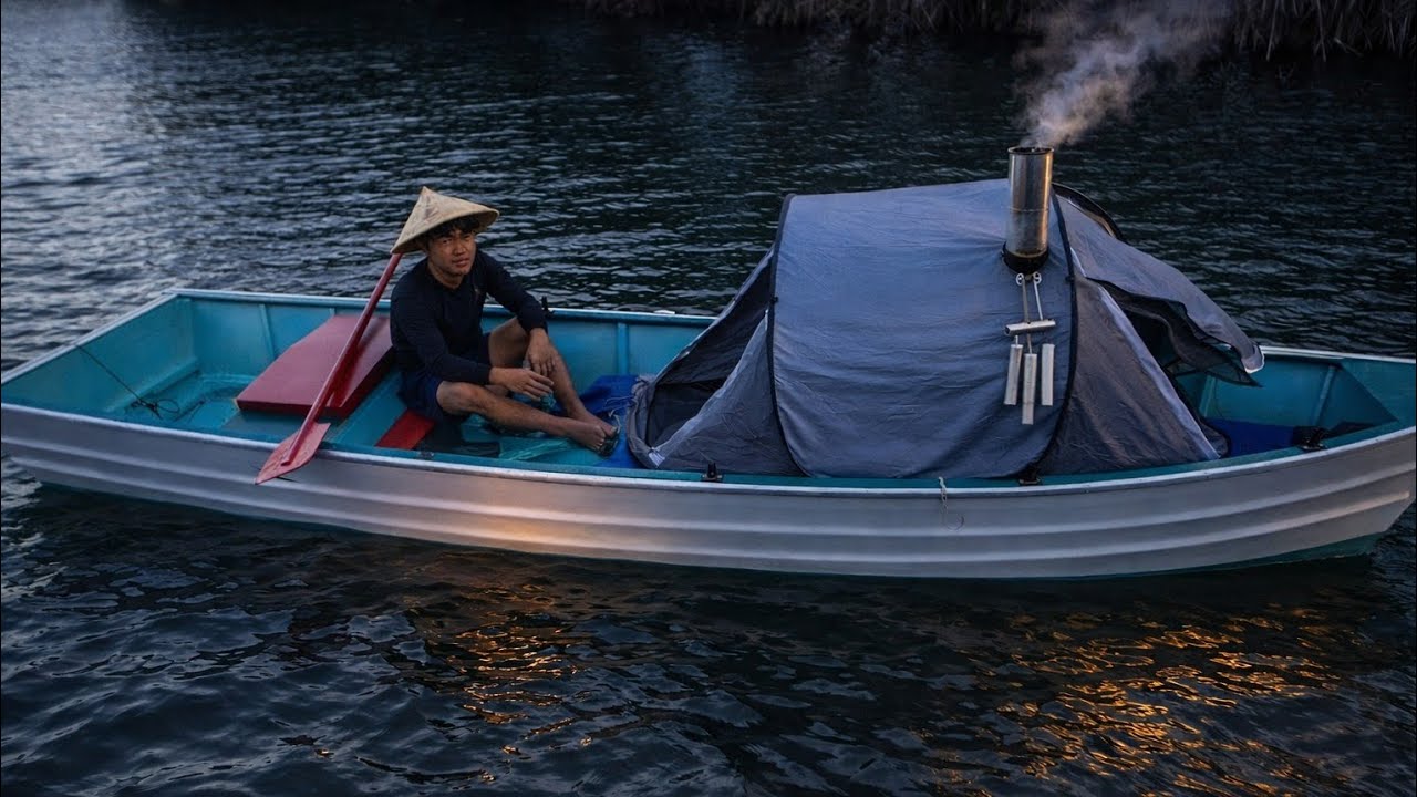 Solo Wooden Boat Camping in the River | Sounds of Camping | Relaxing ASMR