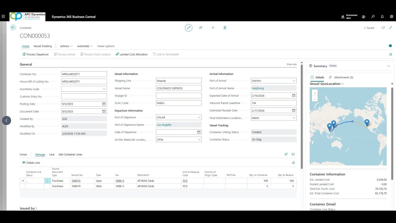 Отслеживание грузовых контейнеров в режиме реального времени в Dynamics 365 Business Central