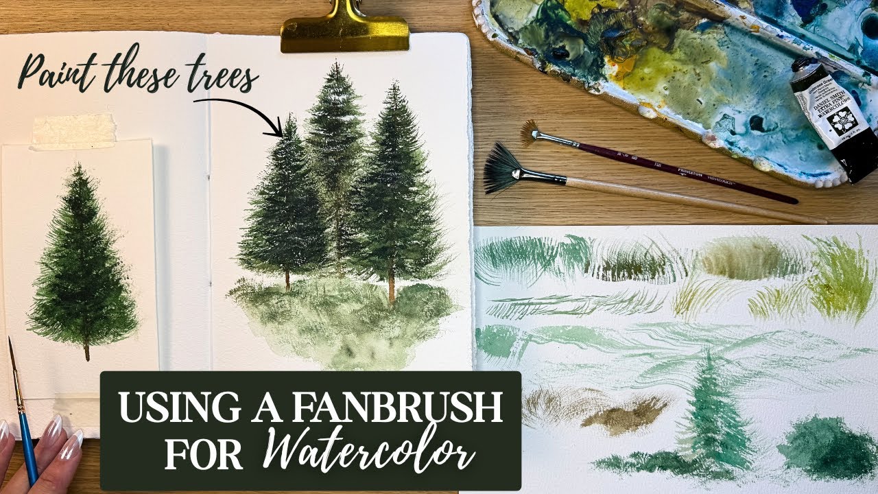 How to Get Watercolor Textures with a Fan Brush + Easy Evergreen Tree Tutorial | Beginner Watercolor