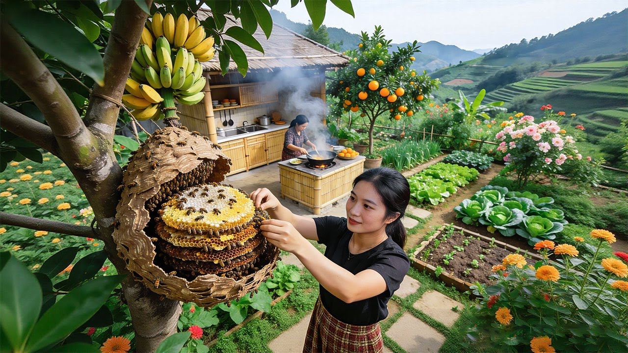 Peaceful Mountain Farm Life: Gardening, Harvesting Fresh Honeycomb & Cooking Stir Fried Bee Larvae