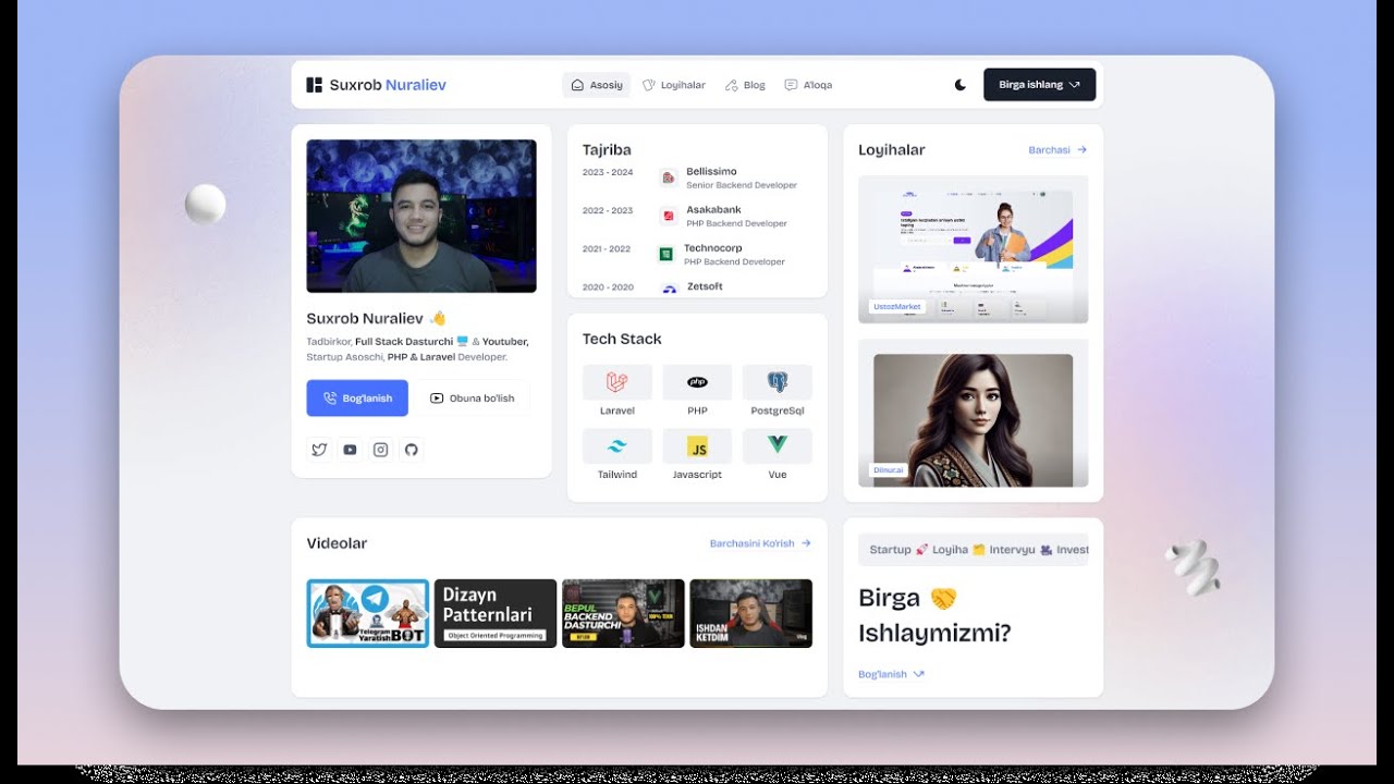 Shaxsiy Portfolio + Dasturchilar Hamjamiyati | Yangilik, Tanishtiruv