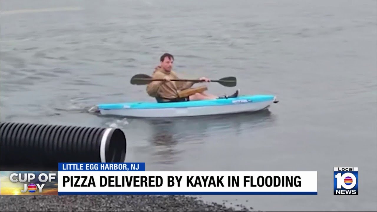 New Jersey pizza delivery guy kayaks through flooding to reach customer’s home