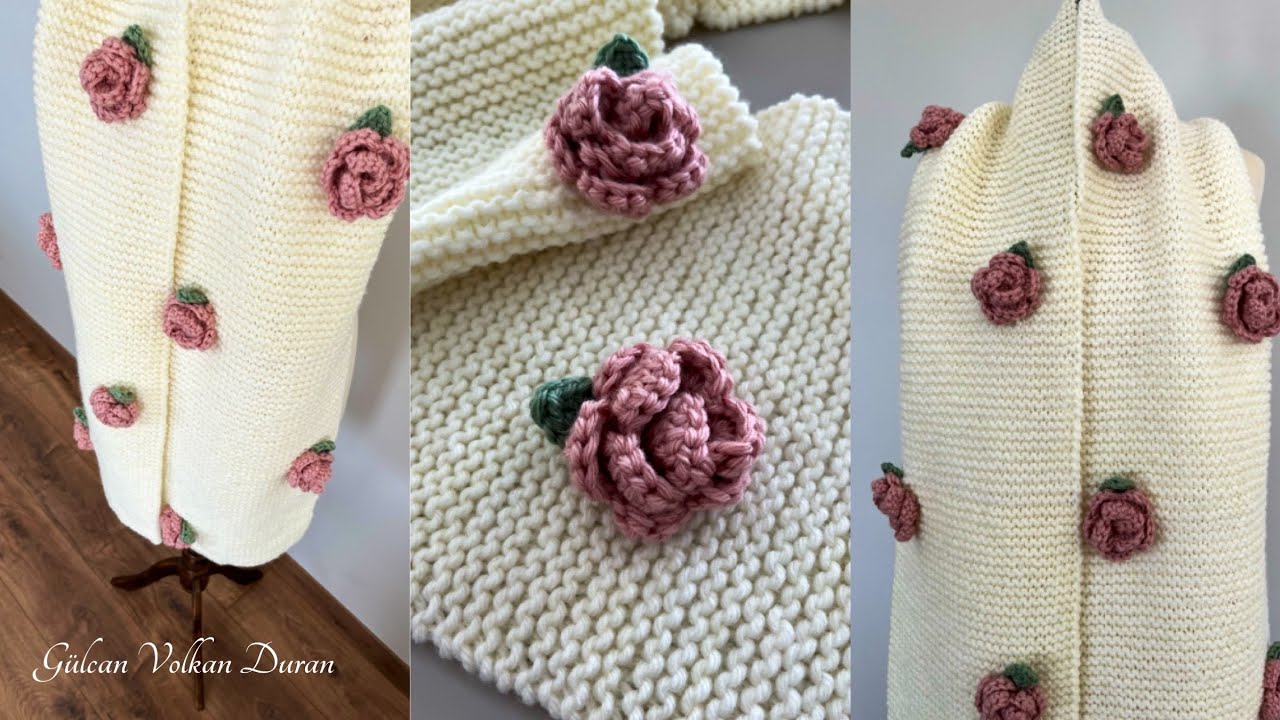 PİNTEREST ATKISI ÖRÜYORUZ 😍 Gül Detaylı Örgü Çok Kolay Atkı Tarifi