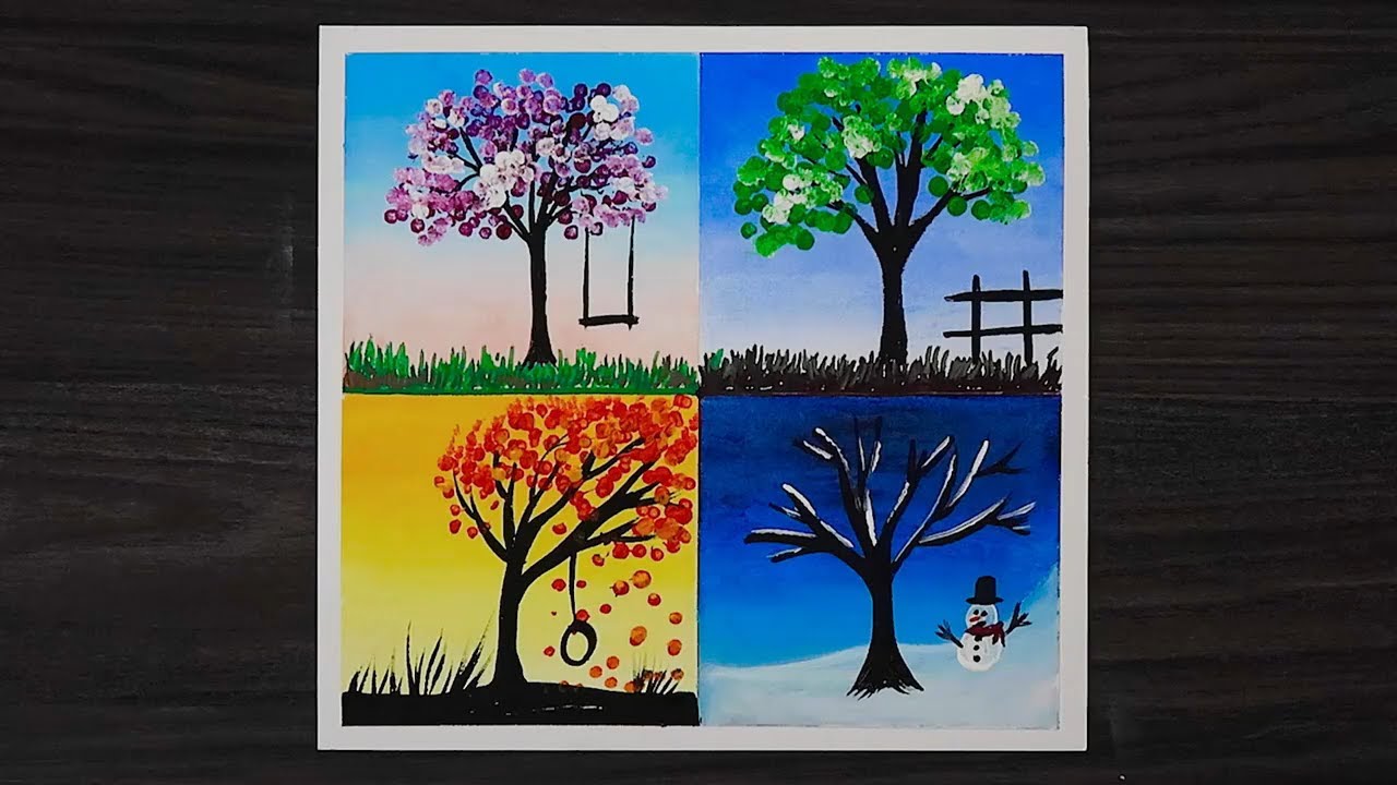 Four Seasons Drawing with Oil Pastels - Step by Step