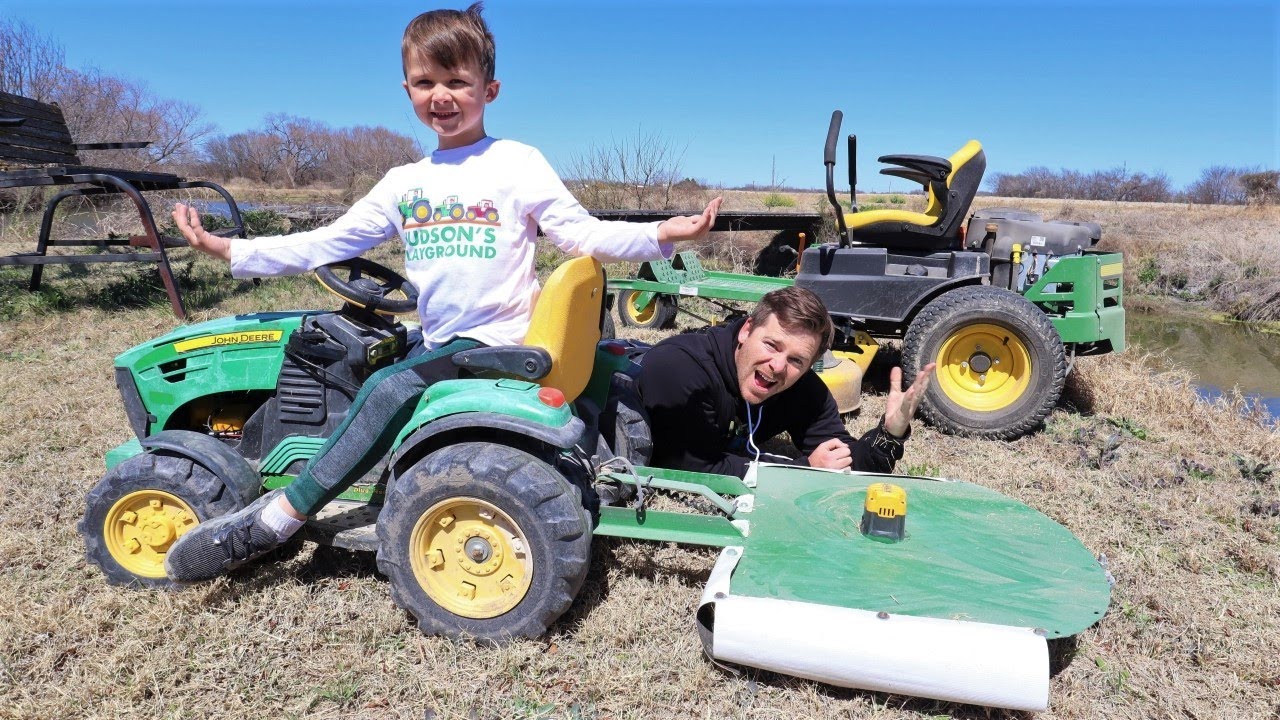 Hudson's new kids mower working on the farm cutting grass and hay | Tractors for kids