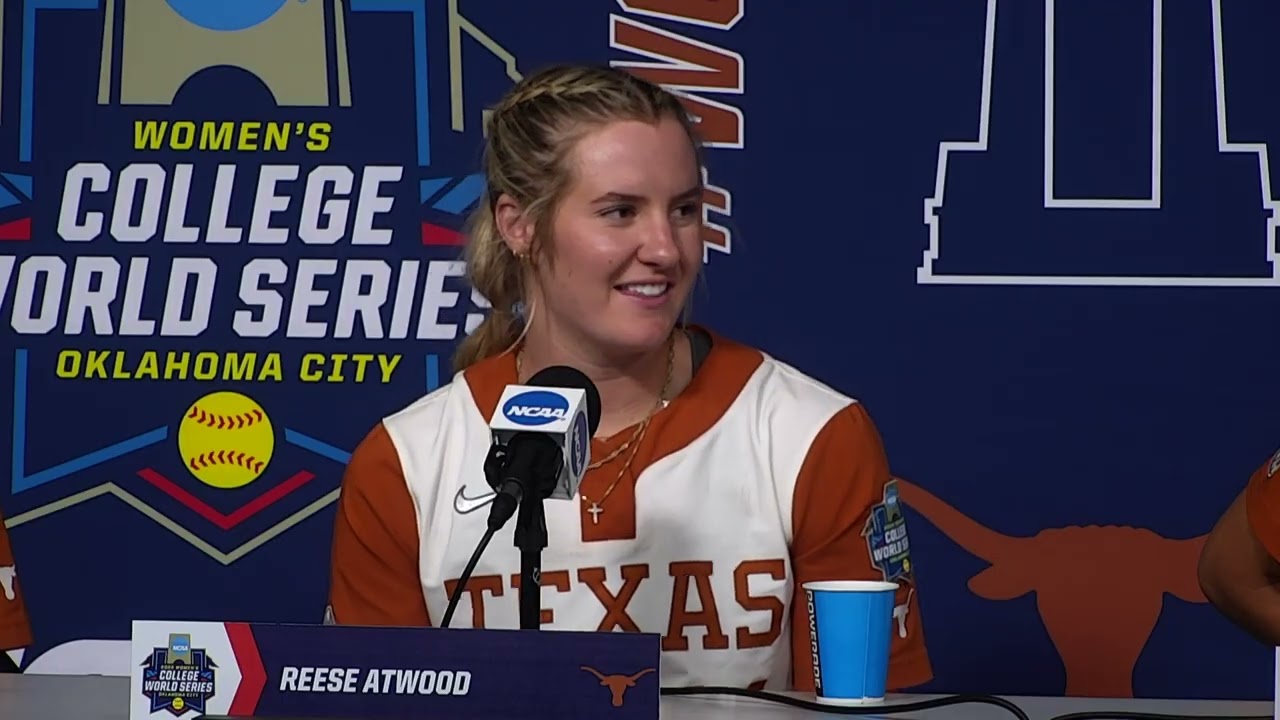 Texas postgame press conference after Game 1 WCWS win vs. Texas Tech softball; Reese Atwood reaction