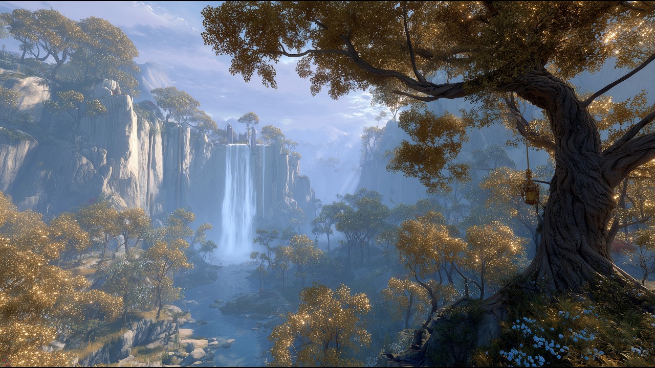 Ancient Elven Valley: Sunny Waterfall & Peaceful Mythical Music | 4K Ambience (Deep Focus & Sleep)