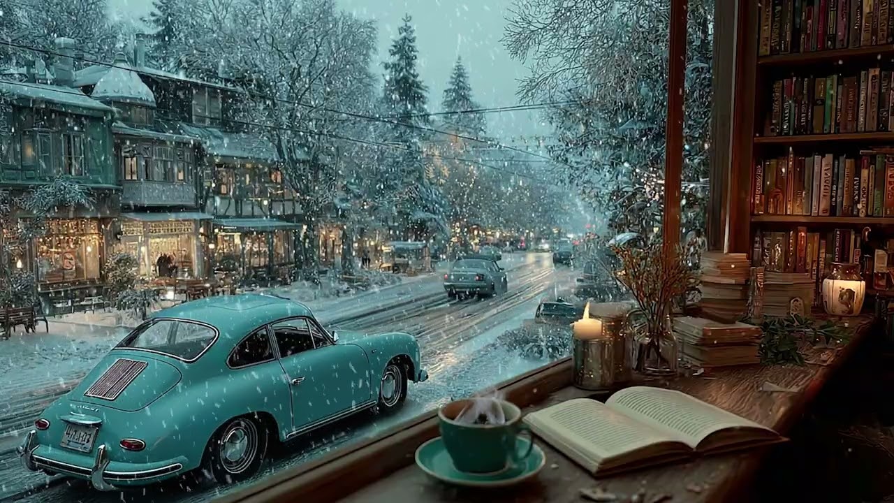 Gentle Wind and Snowfall Outside a Quiet Cabin at Night | Cozy Fireplace Ambience for Deep Rest