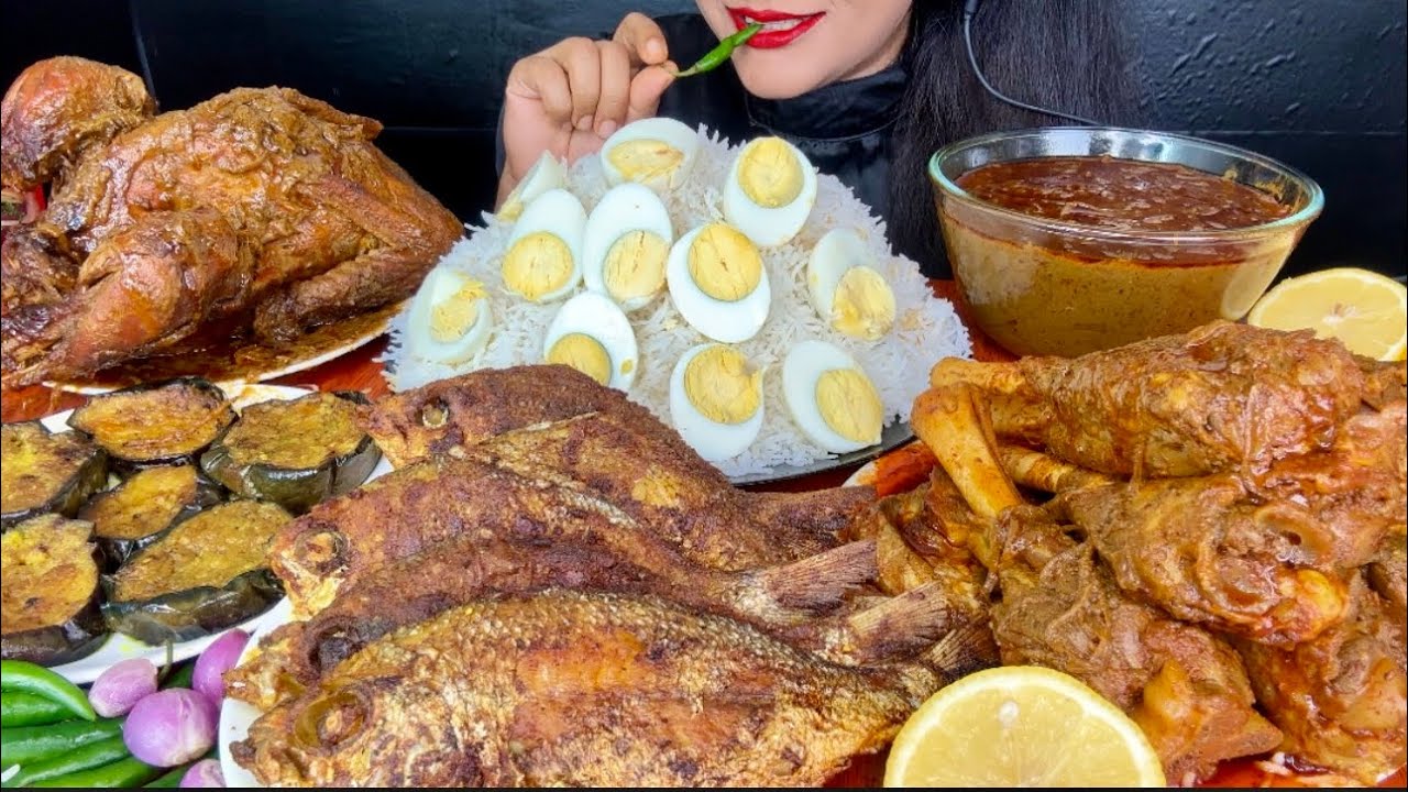ASMR EATING SPICY FISHFRY,WHOLE CHICKEN CURRY,MUTTON CURRY,BOILED EGGS,RICE