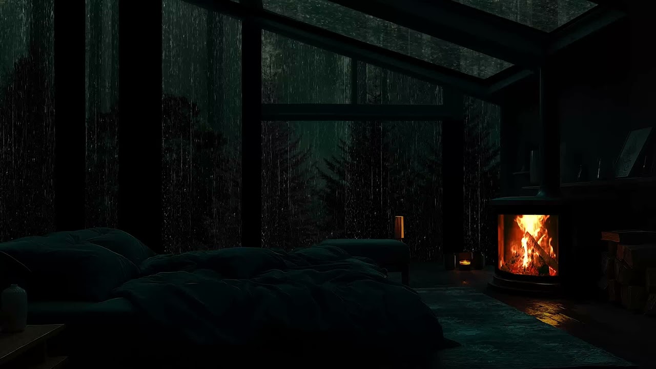 Wrapped in silence as rain slowly falls around a hidden cabin deep in the forest at night