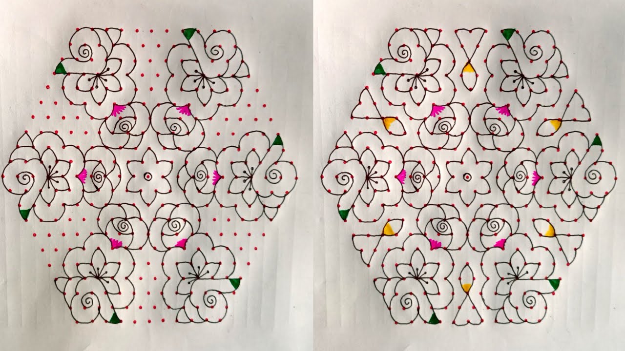 21*11 middle dots rangoli🌺/ big rose flower colourful rangoli design🌺 creative designs