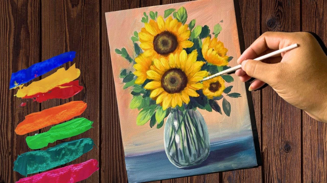 Painting a Beautiful Bouquet of Bright Flowers 🌻 in a Vase | Acrylic Painting for Beginners #126