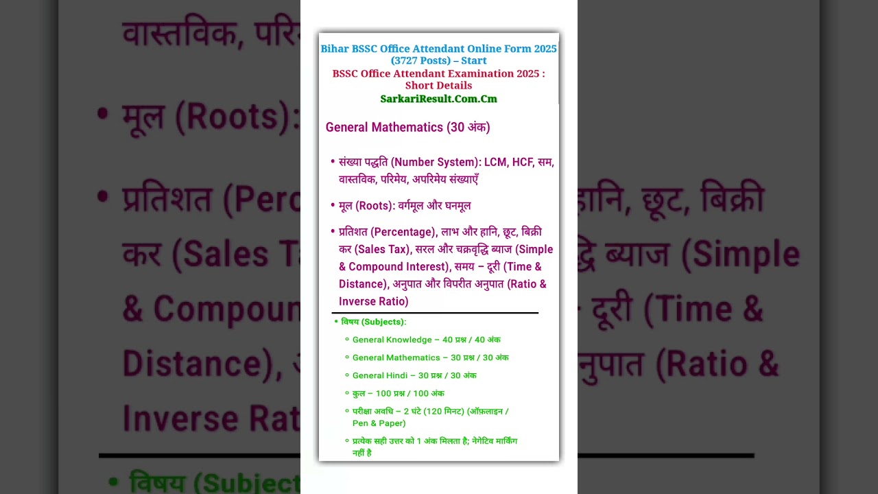 Bihar BSSC Office Attendant 2025 Maths Syllabus | बिहार ऑफिस अटेंडेंट गणित सिलेबस | BSSC Exam 2025