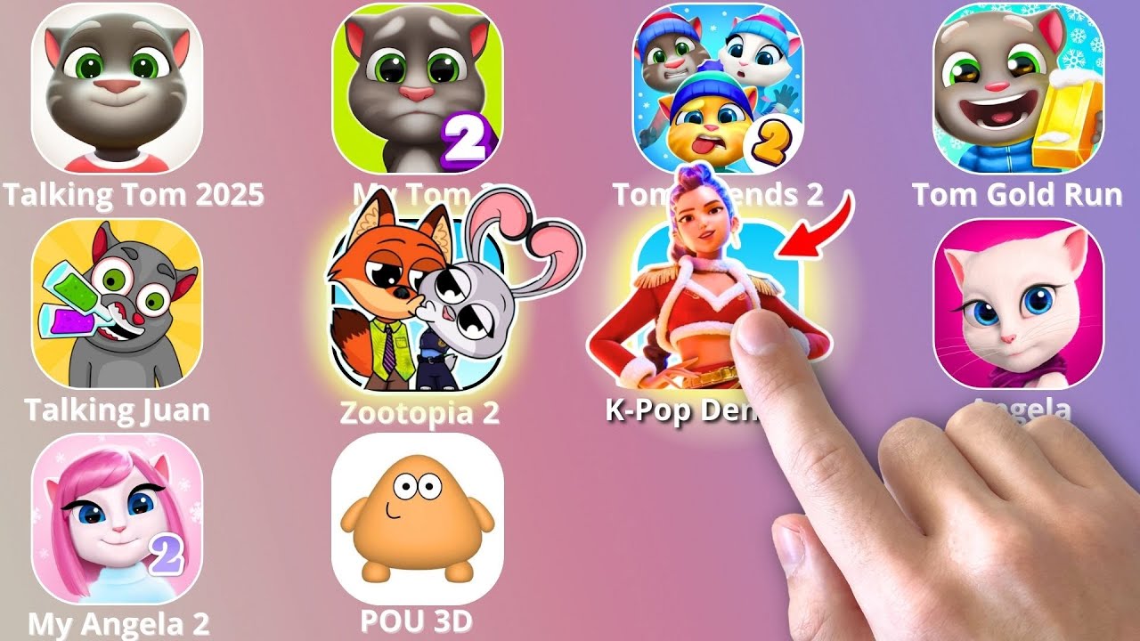 Talking Tom,Zootopia 2,Sprunki,Pou 3D,KPop Demon Hunters,Roblox,My Talking Angela 2,Tom And Friends