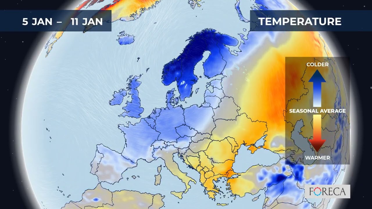 Monthly temperature forecast for Europe 29/12/2025