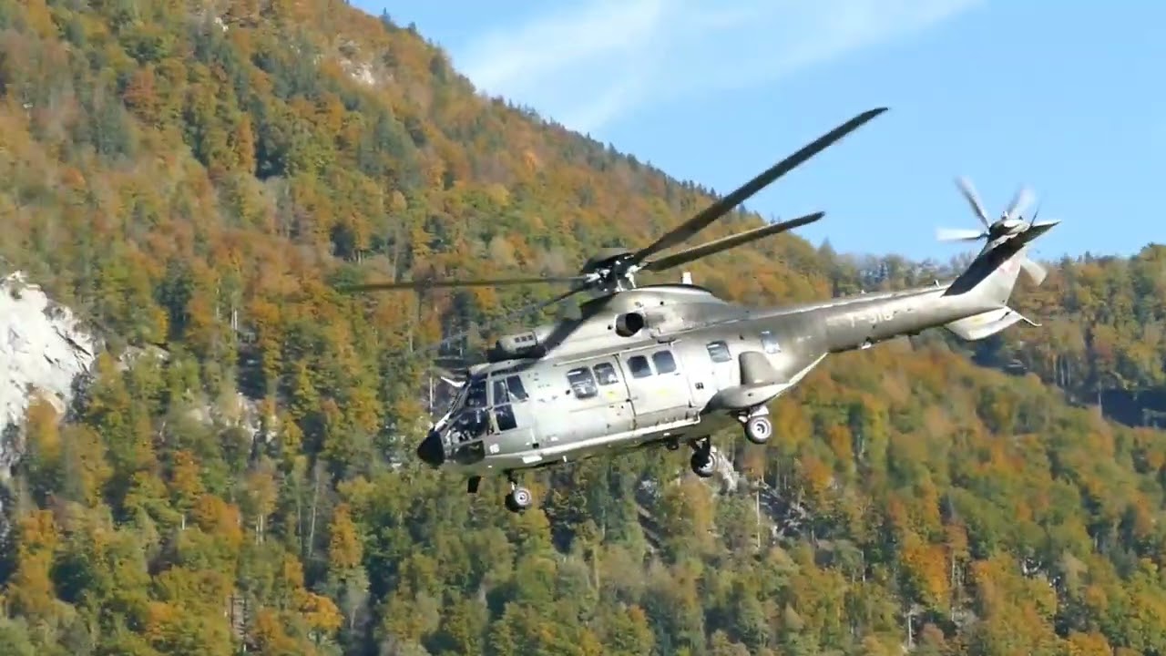 Swiss Airforce Cougar helicopters landings and takeoff at Meiringen Air Base