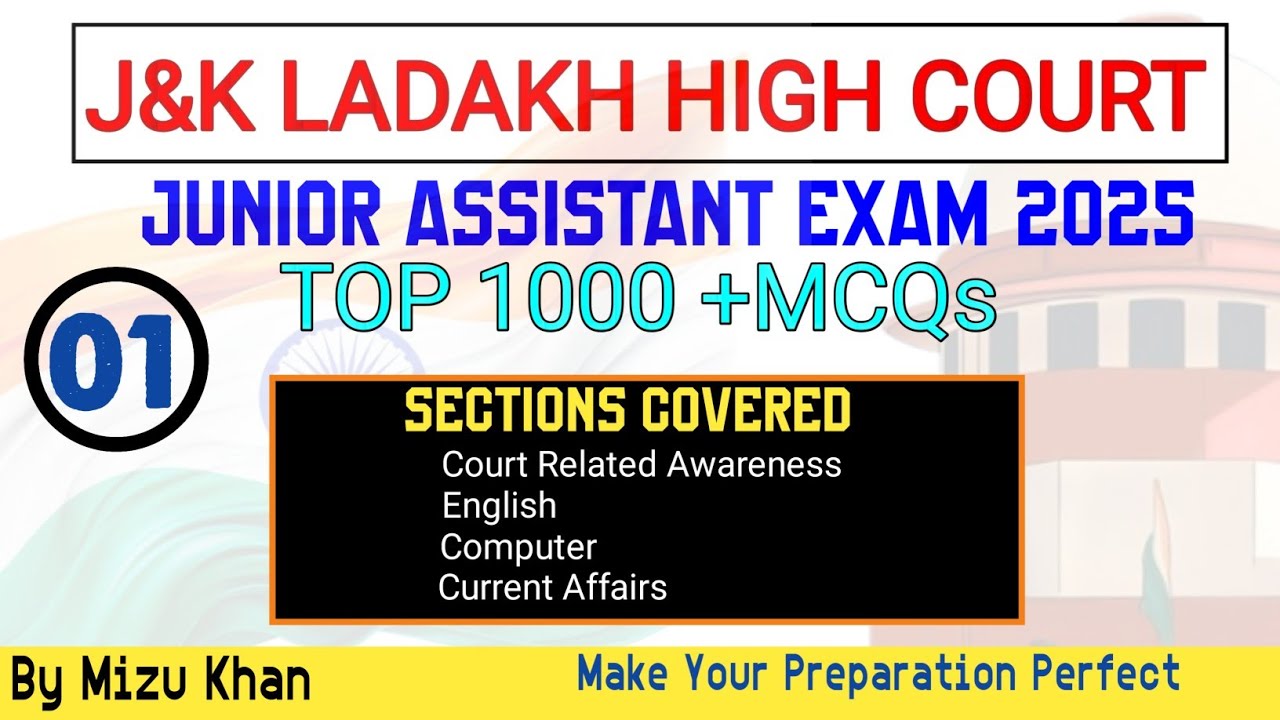 TOP 1000 MCQs FOR J&K LADAKH HIGH COURT JUNIOR ASSISTANT EXAM 2025 | J&K HIGH COURT PREPARATION 2025