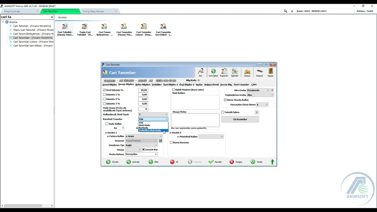 AKINSOFT WOLVOX ERP   |   Cari Tanımları Hesap Bilgileri Sekmesi Kullanımı