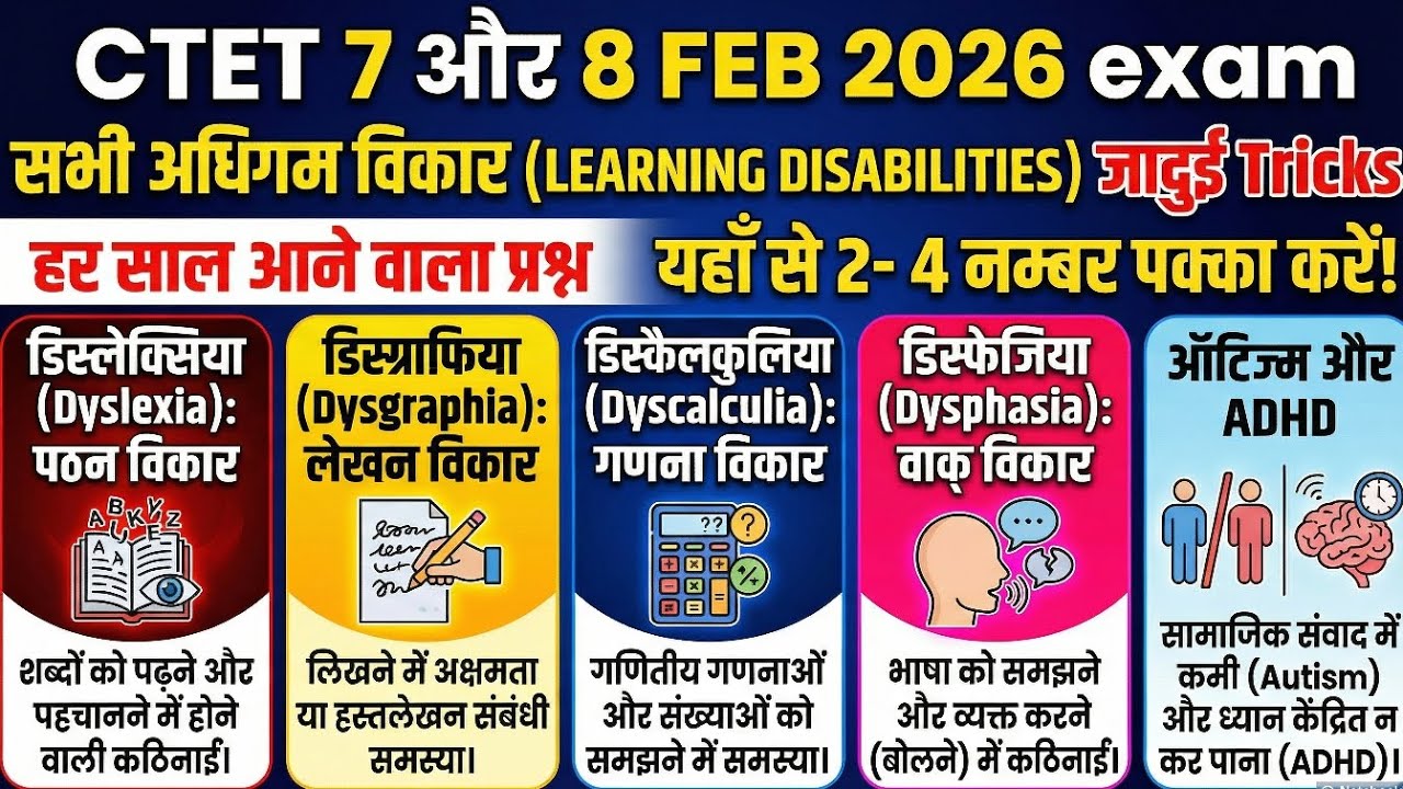 CTET FEB 2026 सभी अधिगम विकार Dyslexia, Dyscalculia, Dysgraphia, ADHD TRICK से समझें 