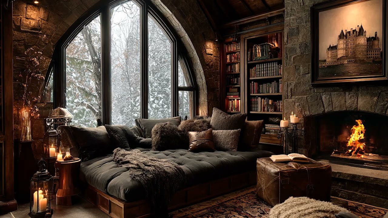 Winter Piano Room | Peaceful Piano Music with a Snowy View Outside a Warm Bedroom at Night