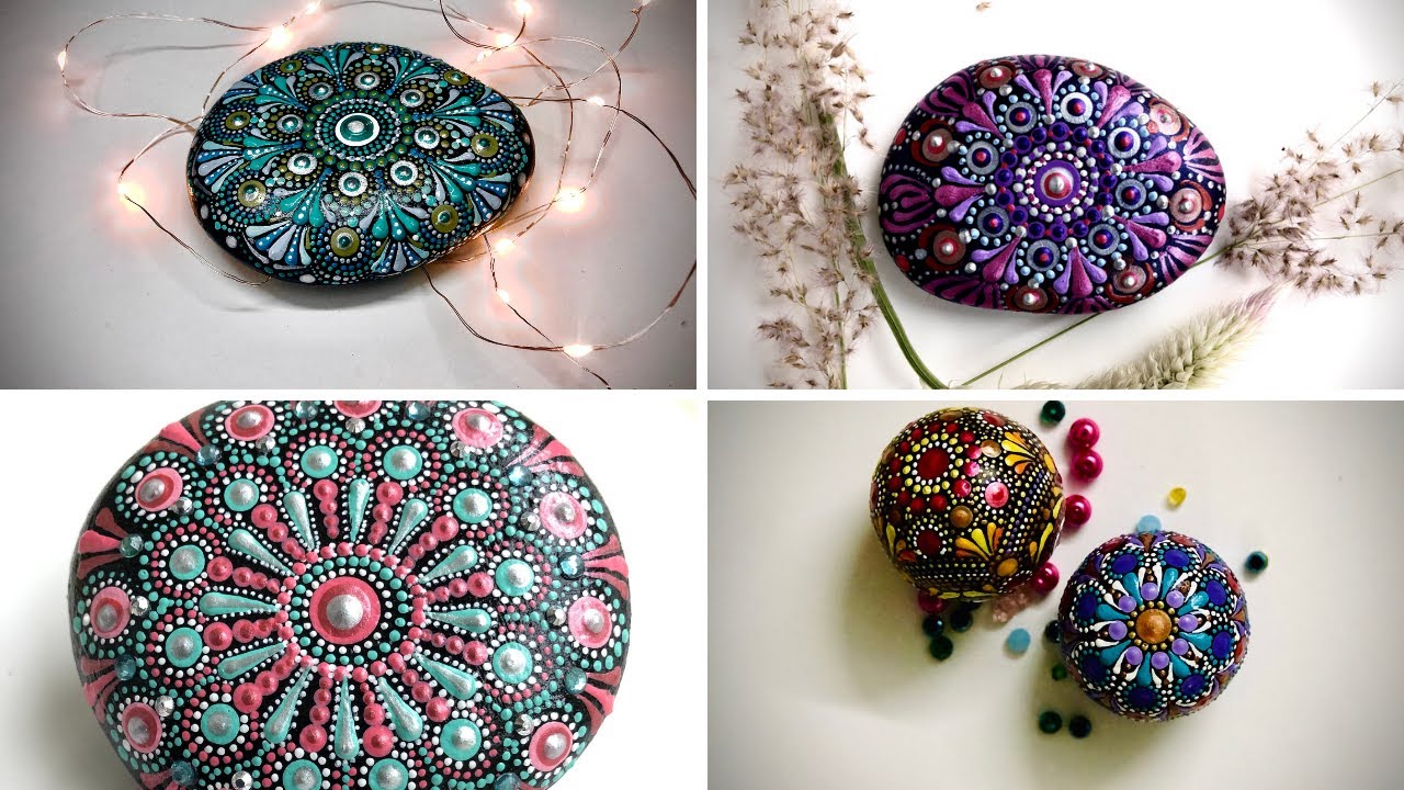 Compilation of dot mandala stones. Dot mandala painting on Natural rocks.