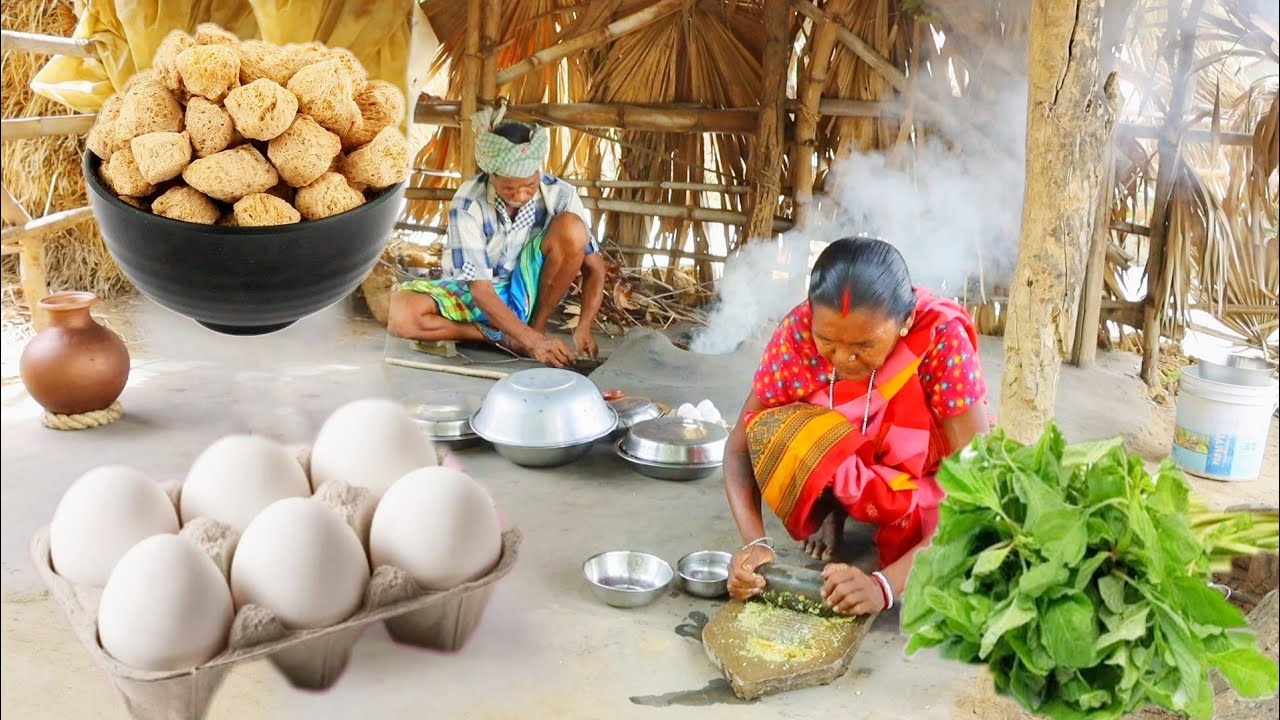 EGG CURRY with SOYABEAN & PUNKA SHAK VAJI prepared by our santali tribe grandmaa for lunch eating
