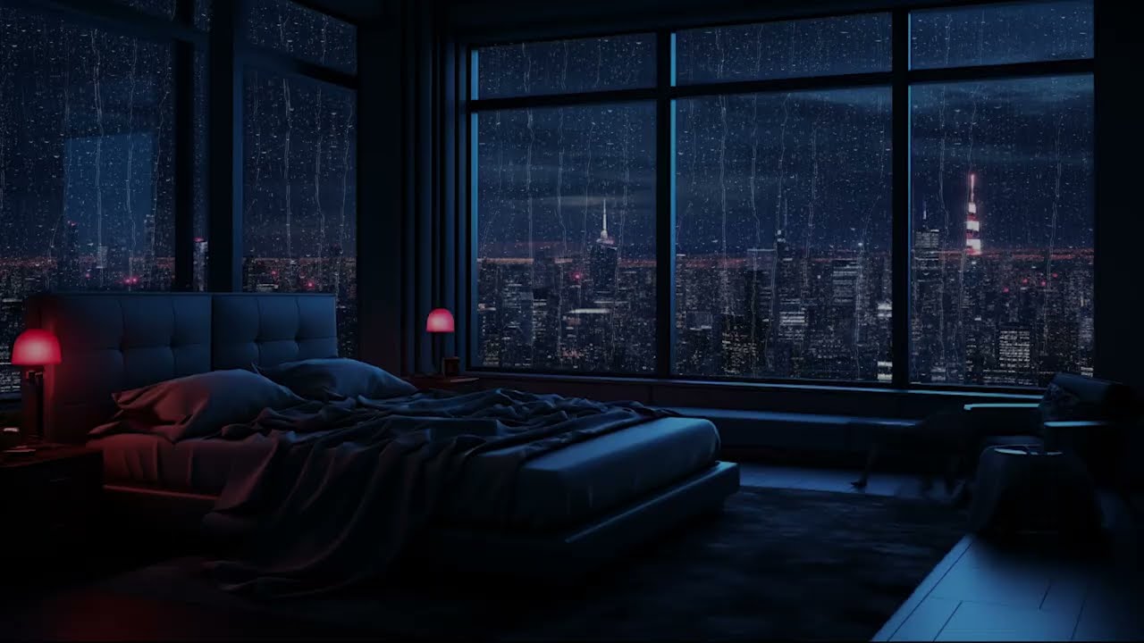 Cozy Bedroom Rain Sounds in a New York High Rise Apartment, Steady Rainfall on Window
