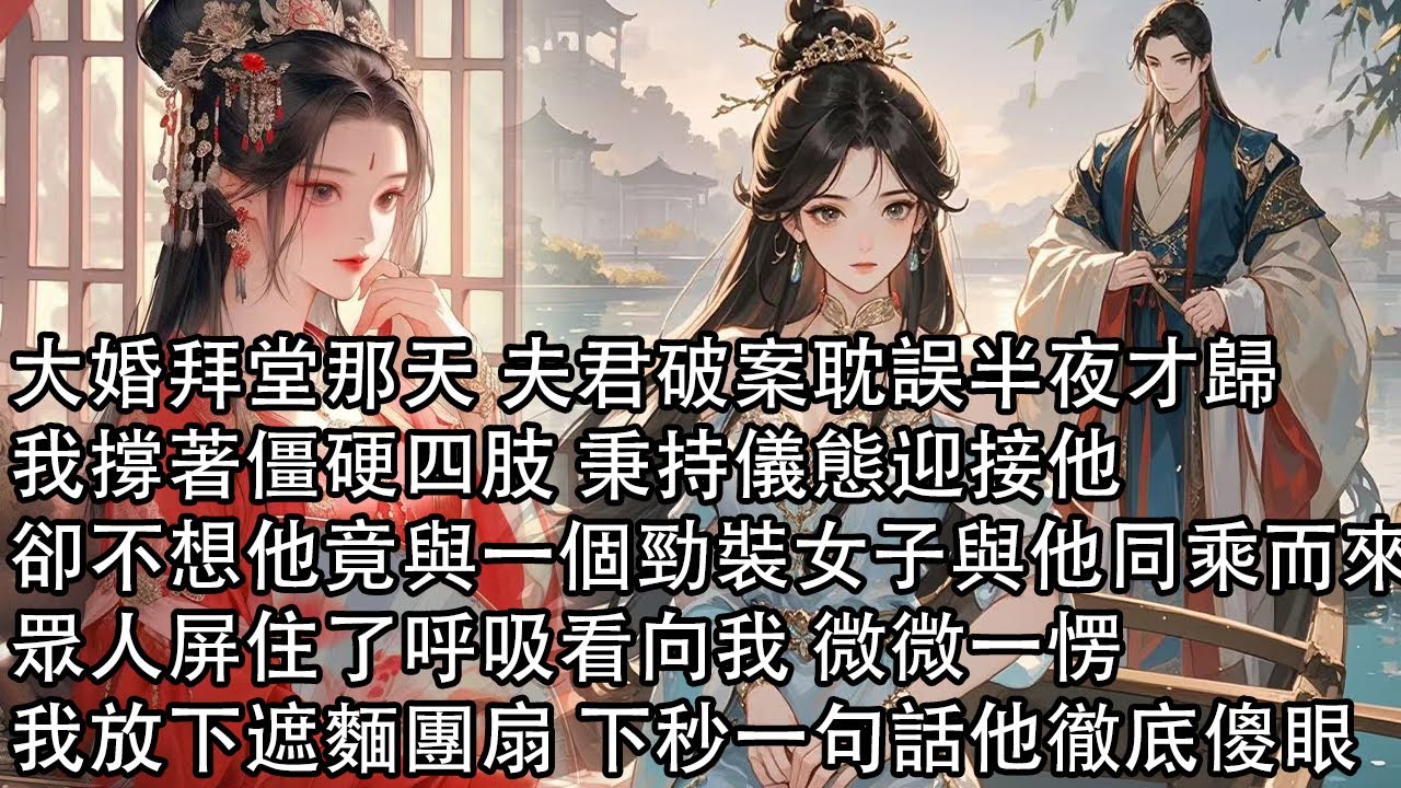 【完結】大婚拜堂那天 夫君破案耽誤半夜才歸，我撐著僵硬四肢 秉持儀態迎接他，卻不想他竟與一個勁裝女子與他同乘而來，眾人屏住了呼吸看向我 微微一愣，我放下遮麵團扇 下秒一句話他徹底傻眼