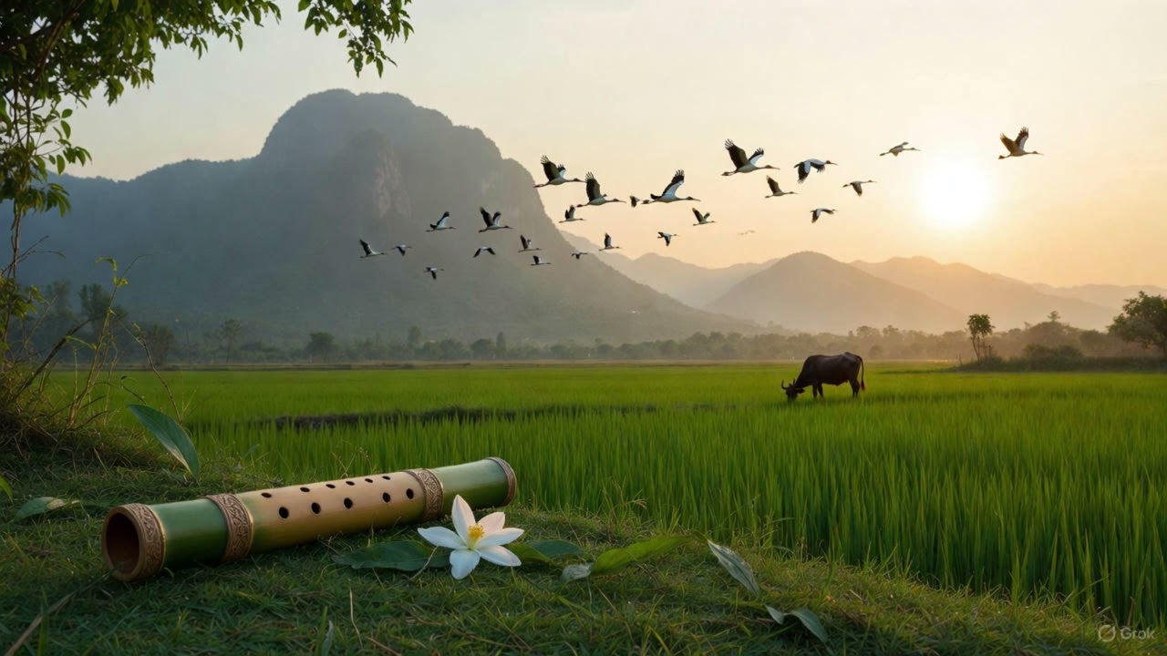 Sáo trúc trên cánh đồng || Bamboo flute on rice field || Relaxing Music || Alpha Music