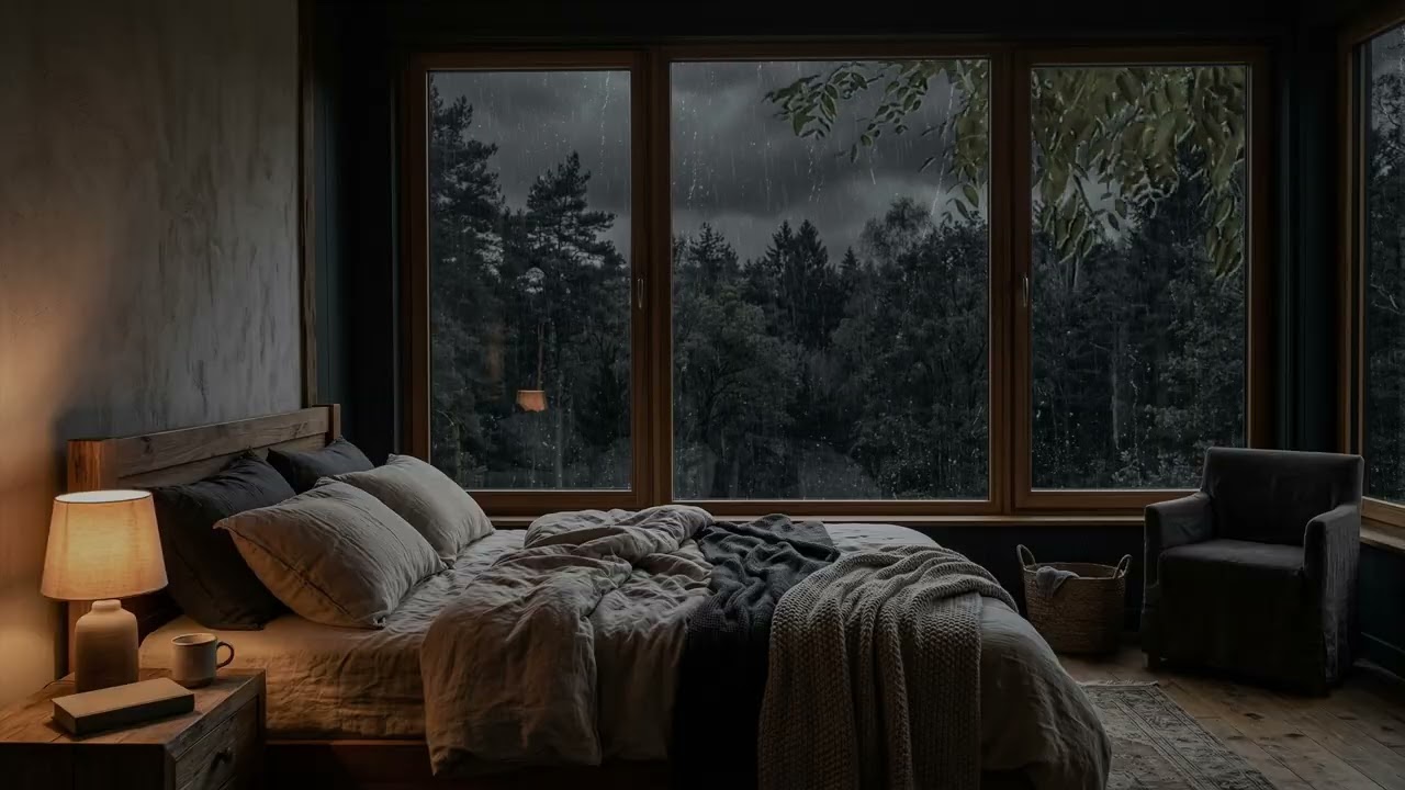 Quiet Rain Drifting Through The Night Outside A Bedroom Window Creating A Safe Cozy Sleep Ambience