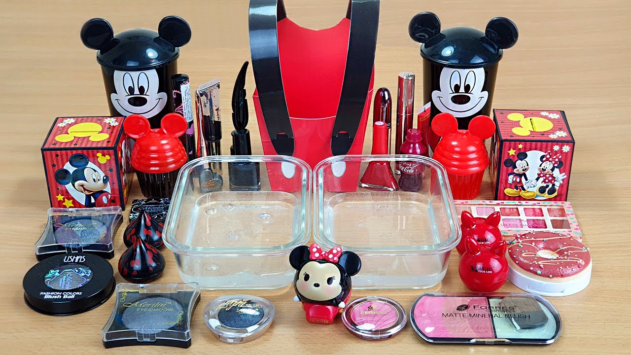 BLACK vs RED SLIME Mixing makeup and glitter into Clear Slime Satisfying Slime Videos