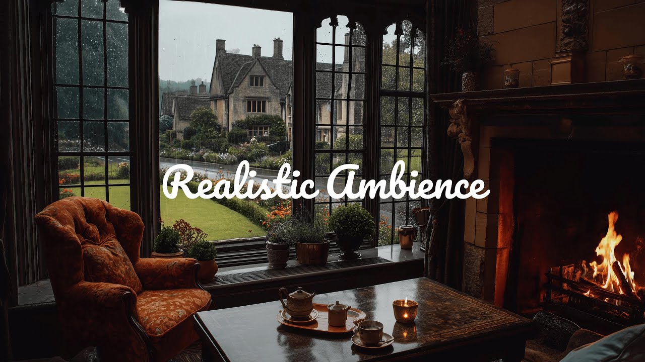 Rainy English Manor Fireplace 🔥Cozy Ambience with Tea, Thunder & ASMR Rain Sounds for Sleep (No Ads)