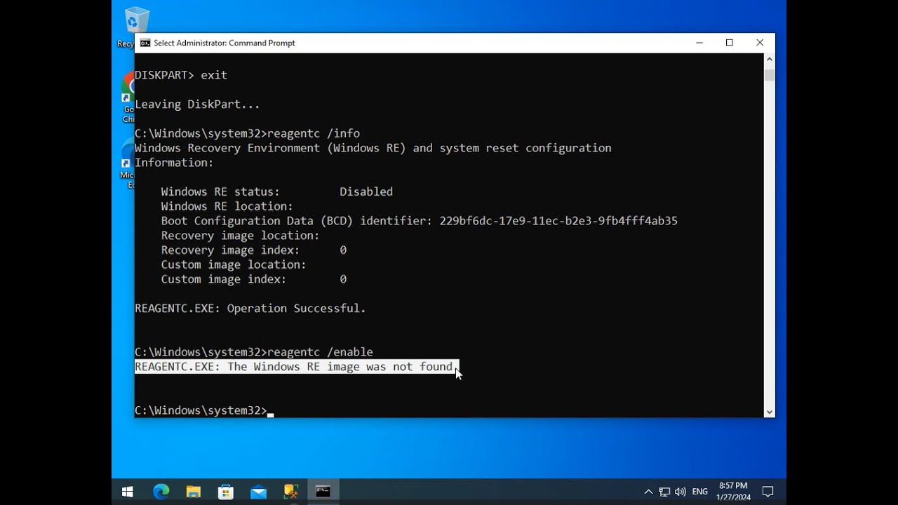 Solution: REAGENTC.EXE: The Windows RE image was not found.