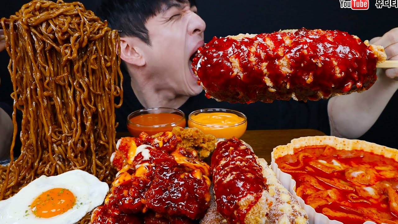 [180cm 95kg 유지어터먹방] 짜파게티 & 핫치즈 빅싸이 치킨 & 엽떡 & 명랑핫도그 먹방BLACK BEAN NOODLES & SPICY CHICKEN ASMR MUKBANG