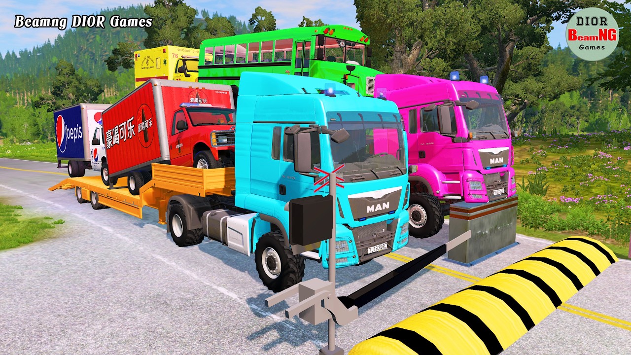 Double Flatbed Trailer Truck vs speed bumps|Busses vs speed bumps|Beamng Drive|1324