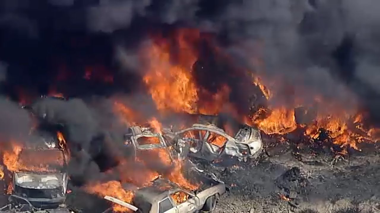 Hundreds of cars on fire at Lancaster salvage yard