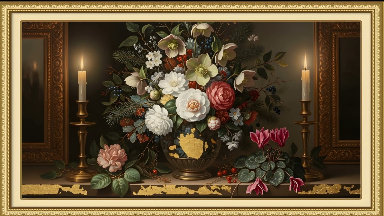 Timeless European Winter Flowers | 18th-Century Still Life Oil Painting | Cozy Gold Frame TV Art