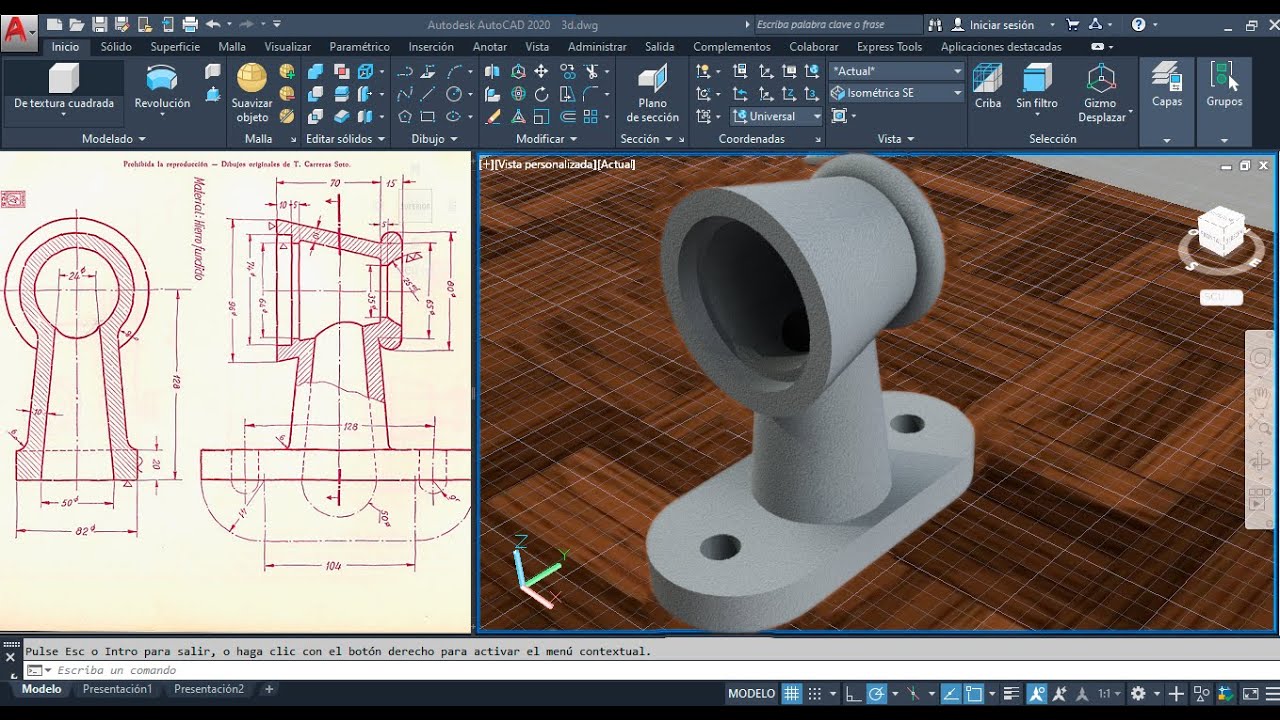 AUTOCAD dibujo de una pieza mecánica en 3 Dimensiones