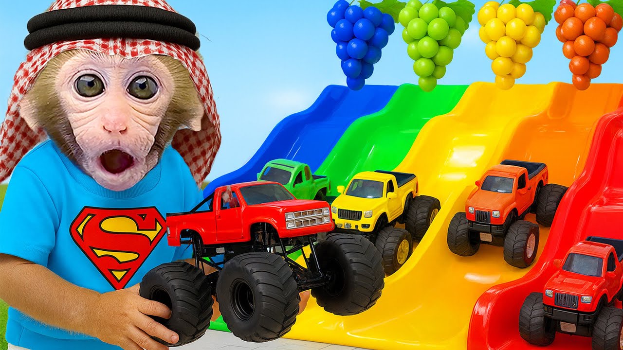 القرد بون بون يجمع العنب العملاق ويقود سيارته الخارقة إلى السوبرماركت مع الدبدوب