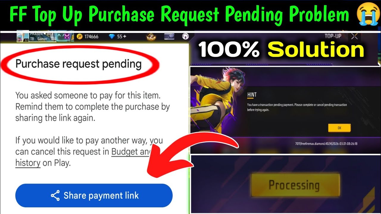 Purchase Request Pending Problem Free Fire |  Free Fire Top Up Share Payment Link Panding Problem