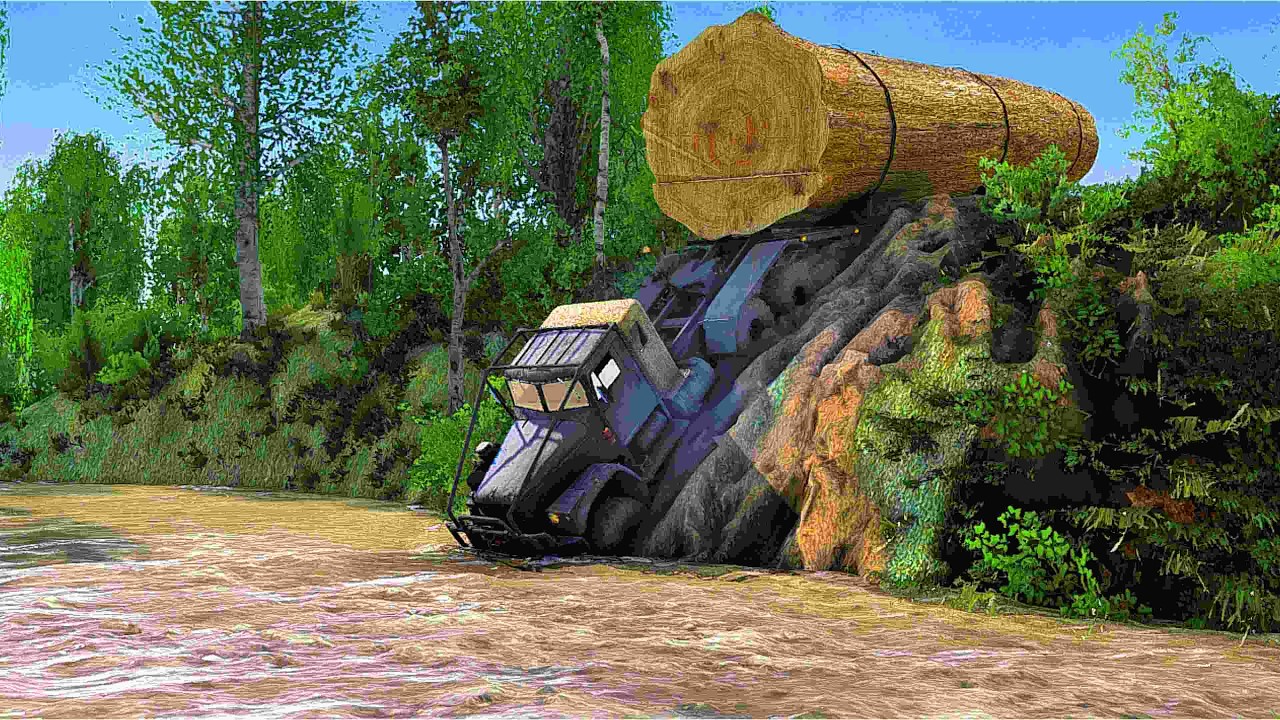 “Seconds From Disaster! Overloaded Log Truck Sliding Into a Wild River!” 🚛🌊⚠️