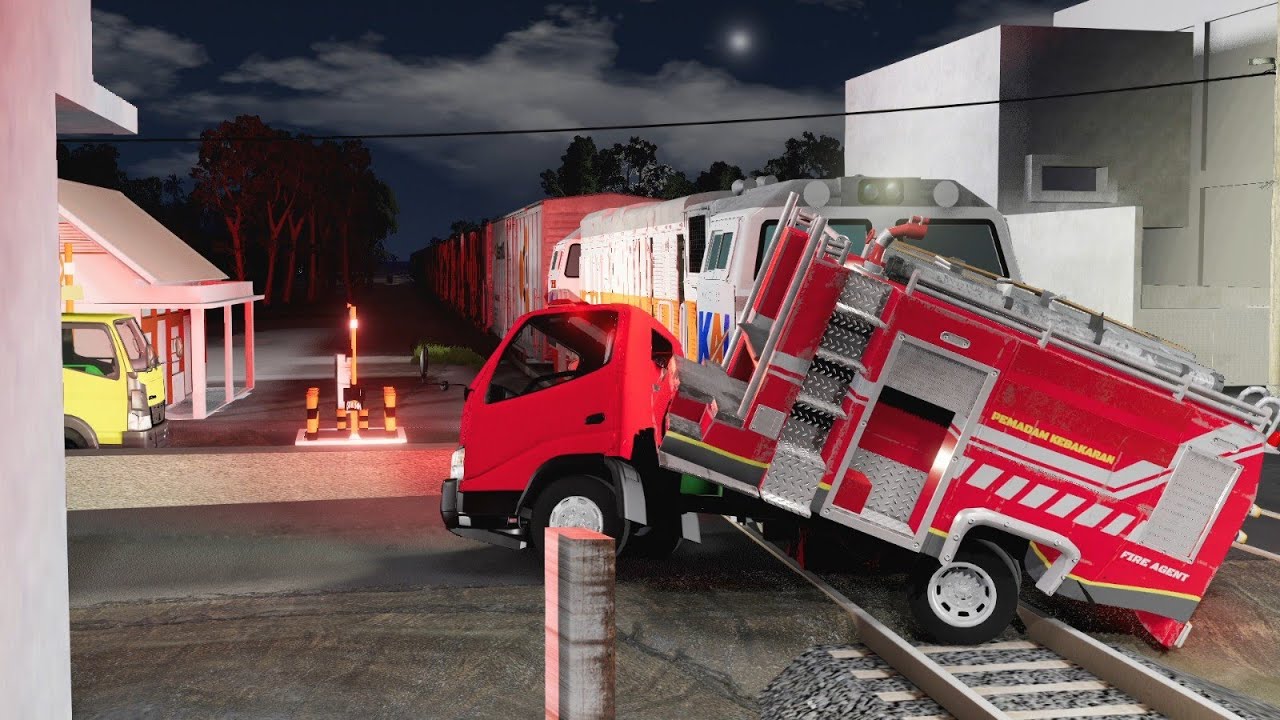 Truk Damkar tertabrak kereta api, ilustrasi dari game Beamng drive