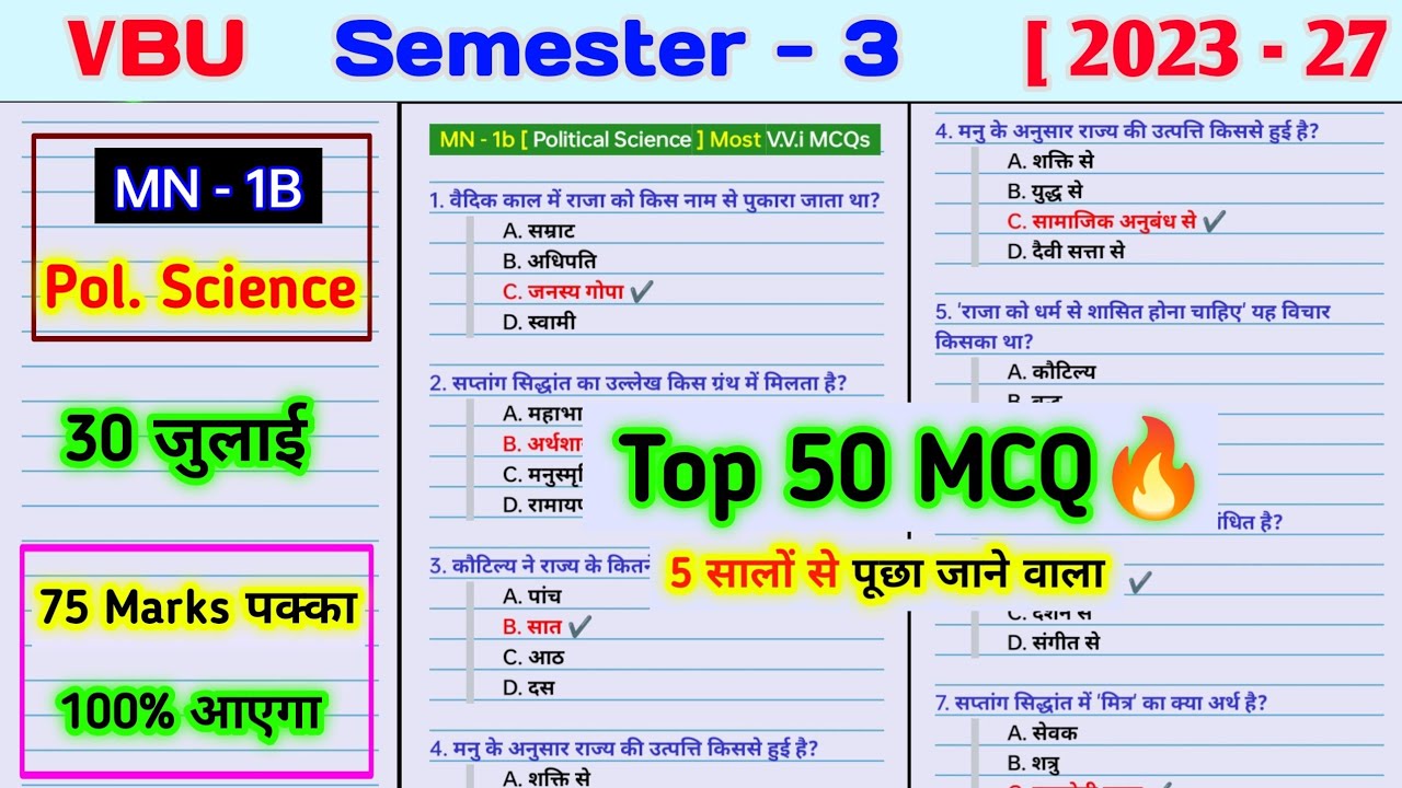 VBU sem 3 MN 1b Political science important MCQ quest। Prachin Bhartiya Chintan ke Pramukh visheshta