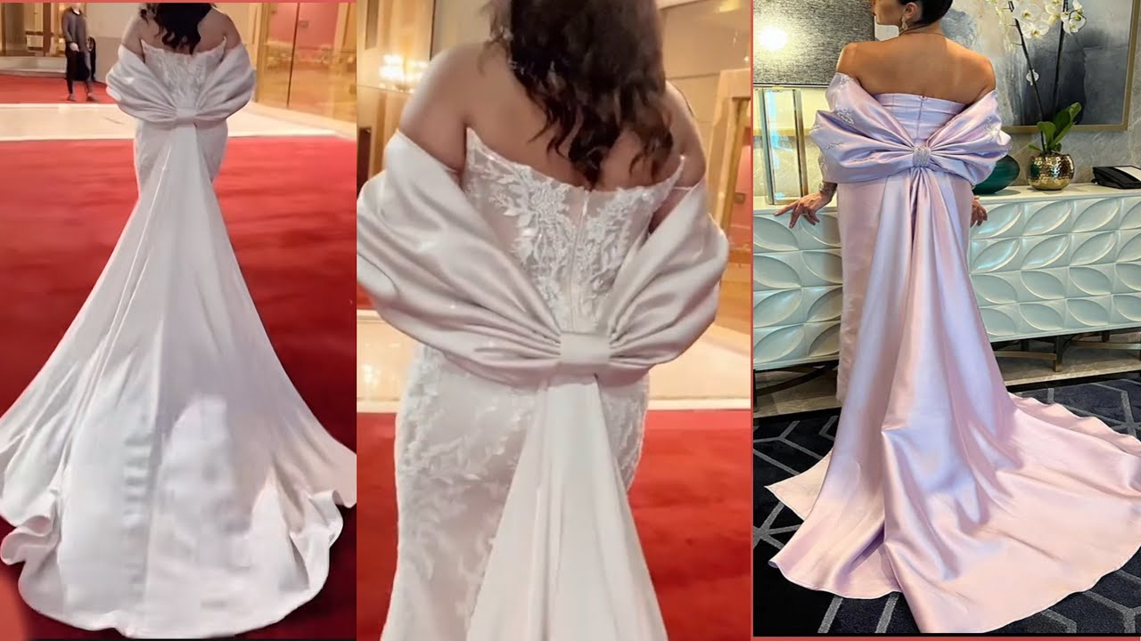 تفصيل فستان سهرة بفيونكة ظهر جميلة مونيكا