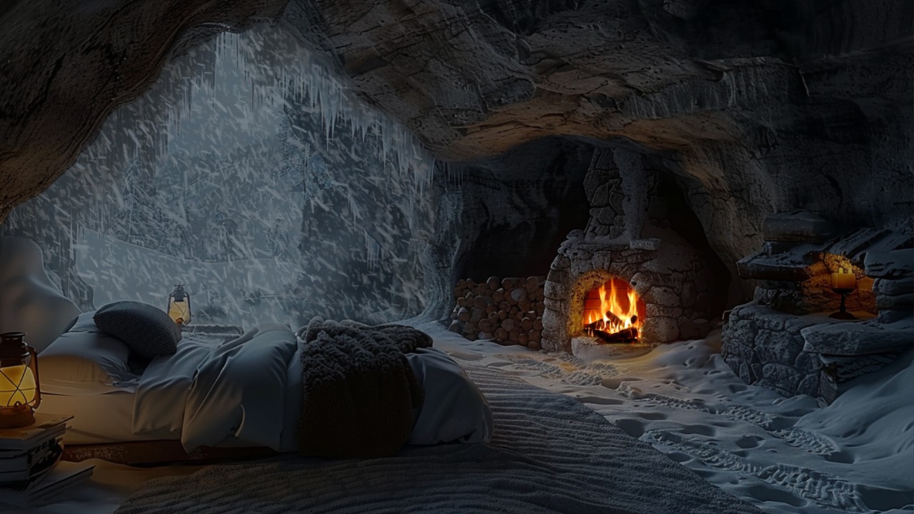 Warm Cave in a Cold Snowstorm | ASMR - Soothing Fireplace Sounds for Perfect Rest and Relaxation